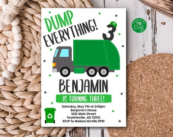 Editable Garbage Truck Invitation Garbage Truck Trash Truck Trash Bash Recycle Truck Birthday Invitation Green Boy Birthday Invite Size 5x7