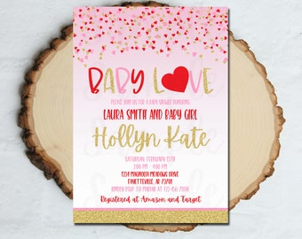 Valentine Baby Shower Invitation Baby Love Baby Shower Baby Girl Baby Shower Pink Red Gold Valentines Day Baby Shower Size 5x7 VD01