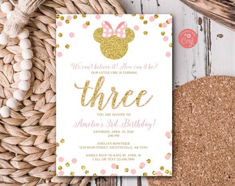 Minnie Mouse Geburtstagseinladung, 3. Geburtstagseinladung, Minnie Mouse Geburtstag, Rosa und Gold, Toodles, Sz 5x7, Bearbeitbare Einladung 1106