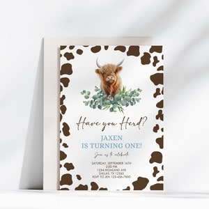 Highland Cow Birthday Invitation Have You Herd? Herd the Moos Cow 1st Birthday Boy Birthday Invite Cows Moo Brown Blue Size 5x7 - C2