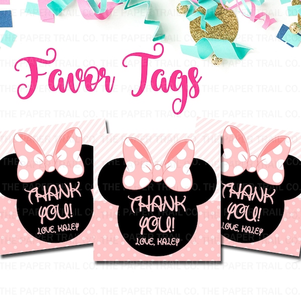 Minnie Mouse Favor Tags Minnie Mouse Pink and Black Favor Tags Light Pink 3x3 Square Tags Gift Tags Favors Minnie Mouse Tags Party Decor