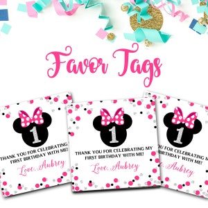 Etiquetas de favor de Minnie Mouse, Minnie Mouse, decoración de fiesta de Minnie Mouse, etiquetas de favor, etiquetas de agradecimiento, etiquetas de favor 3x3, rosa y plata, MM2 imprimible