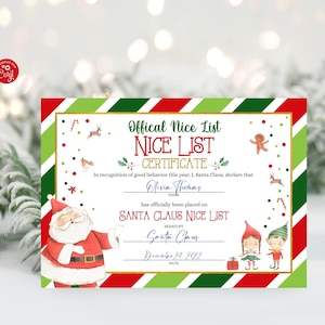Elenco ufficiale Nice modificabile di Babbo Natale Lettera del certificato di Babbo Natale Modello Corjl della vigilia di Natale del Polo Nord stampabile 121