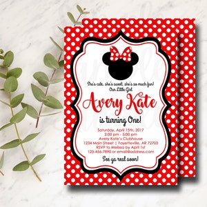 Minnie Mouse Invitation, Minnie Mouse Birthday, Birthday Invitation, Invitation, Birthday, Red and Black, 1st Birthday, Size 5x7 MM13