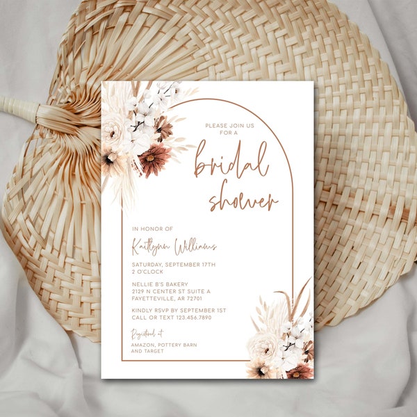 Boho Bridal Shower Invitation Editable Wedding Shower Invite Boho Floral Pampas Grass Fall Shower Size 5x7 Boho Printed Invitations B87
