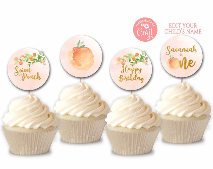 3D One Sweet Peach Birthday Cupcake Toppers , One Sweet Peach Cupcake ...