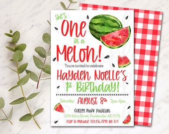 One in a Melon Birthday Invitation, Watermelon Birthday, Red Watermelon, 1st Birthday, First Birthday, Watermelon Party Size 5x7 - 1108