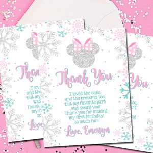 Cartões de agradecimento Winter ONEderland, Minnie Mouse, Winter Minnie, cartões de agradecimento rosa e prata, notas de agradecimento, flocos de neve, 5,5 x 4,25