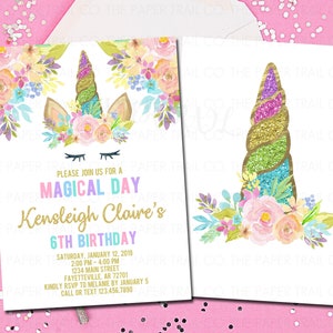 Unicorn Birthday Invitation, Unicorn Invitation, Rainbow, Unicorn Party, Printable Invitation, Gold, Birthday, Invitation, Floral, 5x7 image 1