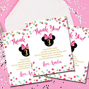 Biglietti di ringraziamento, biglietti di ringraziamento Minnie Mouse, Minnie Mouse, Disney, rosa e oro, note di ringraziamento rosa e oro, stampabili