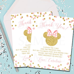 Tarjetas de agradecimiento de Minnie Mouse, notas de agradecimiento de Minnie Mouse, Minnie Mouse, Disney, rosa y oro, notas de agradecimiento rosa y oro, imprimibles