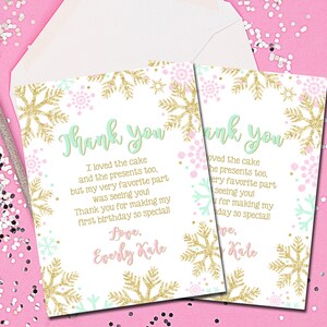 Tarjetas de agradecimiento de invierno ONEderland, rosa y oro, tarjetas de agradecimiento, notas de agradecimiento, copos de nieve, gracias, menta, oro, copos de nieve