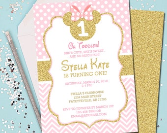 Minnie Mouse Invitation, Minnie Mouse Birthday, Birthday Invitation, Invitation, Birthday, Pink and Gold, 1st Birthday, Printable 5x7