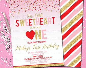 Sweetheart Birthday Invitation, Sweetheart 1st Birthday, Invitation, Pink Red Gold , Little Sweetheart, Heart, Valentine Birthday 5x7