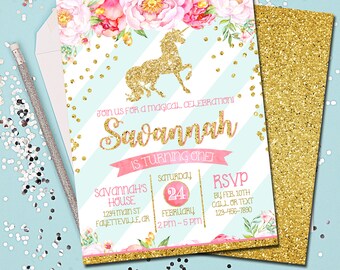 Unicorn Birthday Invitation, Unicorns, Birthday Invitation, Birthday, Invitation, 1st Birthday, Magical, Pink and Gold, Printable 5x7