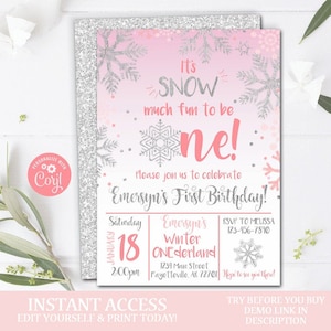 Editable Snow Much Fun to be ONE Winter ONEderland Invitation 1st Birthday Invitation Pink and Silver Snowflakes Winter Template 002