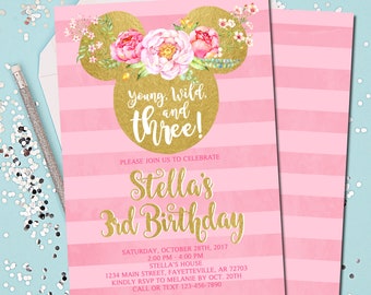 minnie mouse 3rd birthday invitation etsy