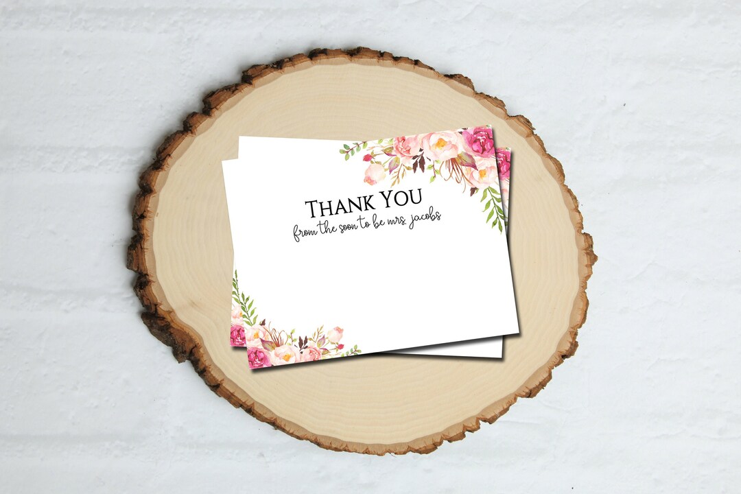 Floral Thank You Card, Boho Floral Flat Thank You Note, Bridal Shower ...