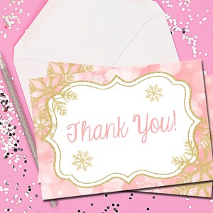 Notas de agradecimiento de Winter ONEderland, tarjetas de agradecimiento, notas de agradecimiento, gracias, rosa y oro, invierno, copos de nieve, imprimibles