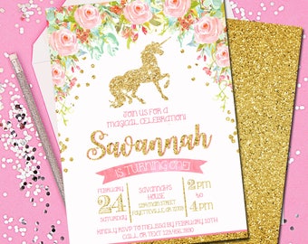 Unicorn Birthday Invitation, Unicorns, Birthday Invitation, Birthday, Invitation, 1st Birthday, Magical, Pink and Gold, Printable 5x7