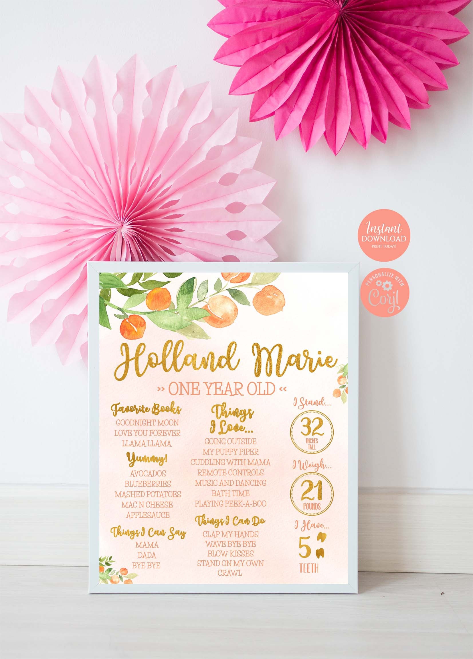 Editable Peach Birthday Milestone, Peach And Gold, First Birthday.