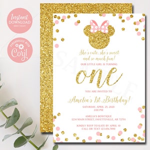 Minnie Mouse 1e verjaardagsuitnodiging, Minnie Mouse verjaardag, verjaardagsuitnodiging, roze en goud, 1e verjaardag Sz 5x7 bewerkbare sjabloon 1106