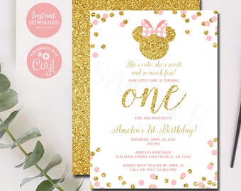 Minnie Mouse 1st Birthday Invitation, Minnie Mouse Birthday, Birthday Invitation, Pink and Gold, 1st Birthday Sz 5x7 Editable Template 1106