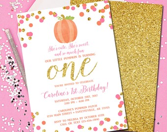 First Birthday Invitation, Pumpkin Birthday Invitation, 1st Birthday, Invitation, Pink and Gold, Fall Birthday, Little Pumpkin, Printable
