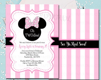 Minnie Mouse Invitation, Minnie Mouse Birthday Invitation, Stripes, 2nd Birthday, Oh Twodles, Pink and Black, Printable, Printed 5x7