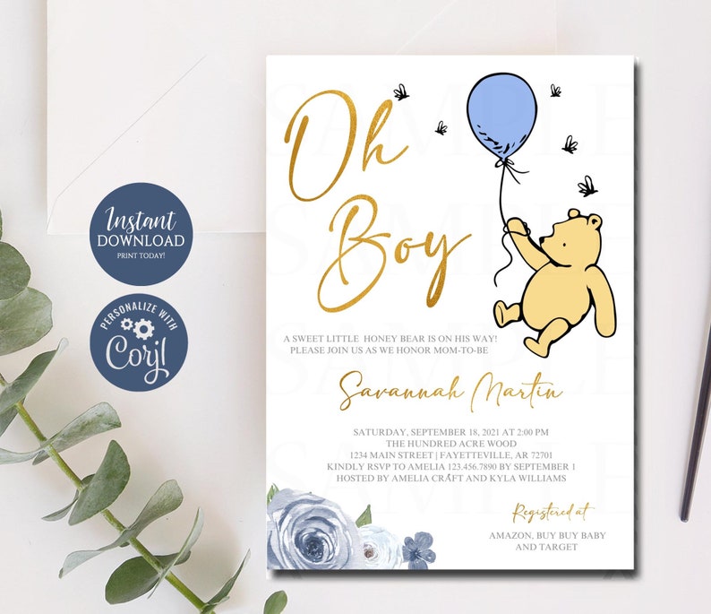 Editable Winnie the Pooh Baby Shower Invitation Winnie the Pooh Oh Boy Baby Shower Invite Classic Winnie the Pooh Shower