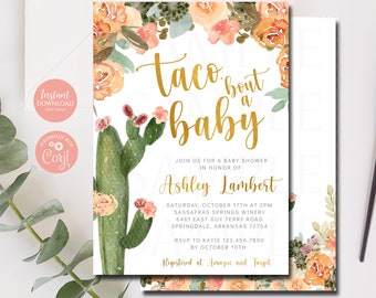 Editable Taco 'Bout A Baby Baby Shower Invitation Boho Cactus Floral Baby Shower Taco Fiesta Baby Shower Invite - Template 1405