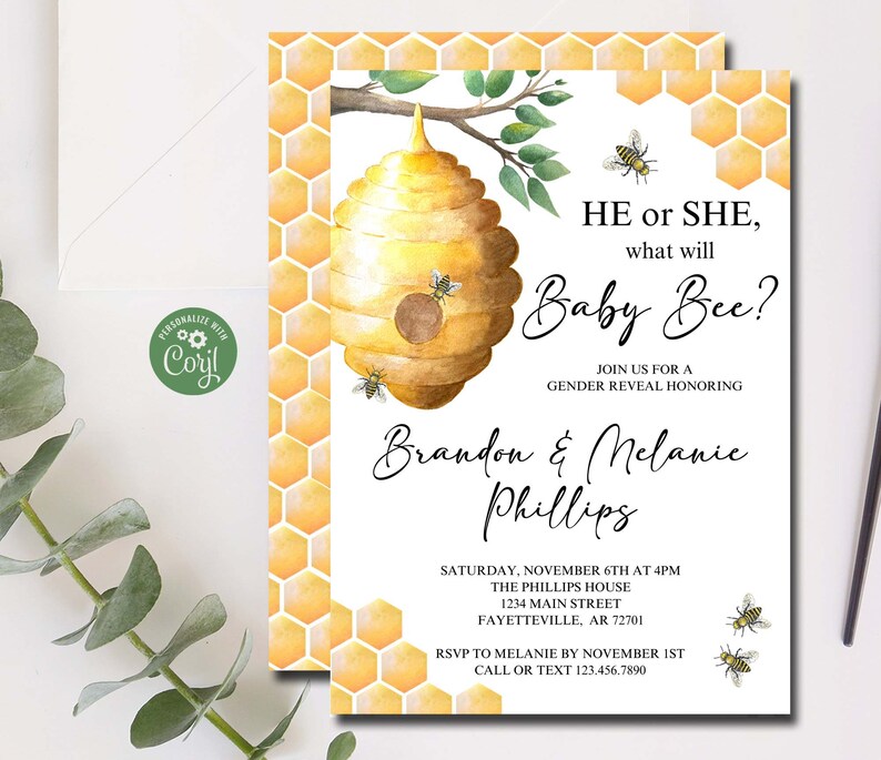 Editable Bee Gender Reveal Invitation What Will Baby Bee Invite Honey Bee Gender Reveal Party Honeycomb Gender Neutral Corjl