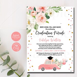 Editable Graduation Parade Invitation, Drive By Graduation Parade Party Invitation, Graduation, Pink Floral, Girl, Corjl Template 1121