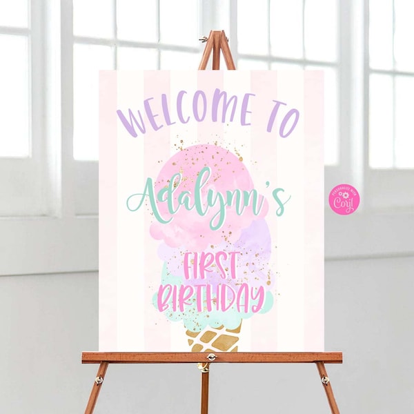 Editable Ice Cream Welcome Sign Ice Cream Birthday Party Pink Girl Sweet Treats Welcome Sign Baby Shower Welcome Poster Pastel Template IC12