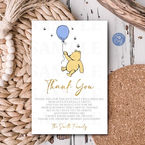 Nota de agradecimiento editable de Winnie the Pooh Tarjeta de agradecimiento Baby Shower de Winnie the Pooh Gracias Plantilla clásica de tamaño 4x6 de Pooh 1027