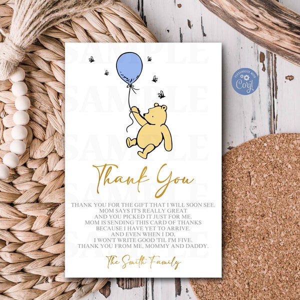 Editable Winnie the Pooh Thank You Note Thank You Card Winnie the Pooh Baby Shower Thank You Classic Pooh Size 4x6 Template 1027