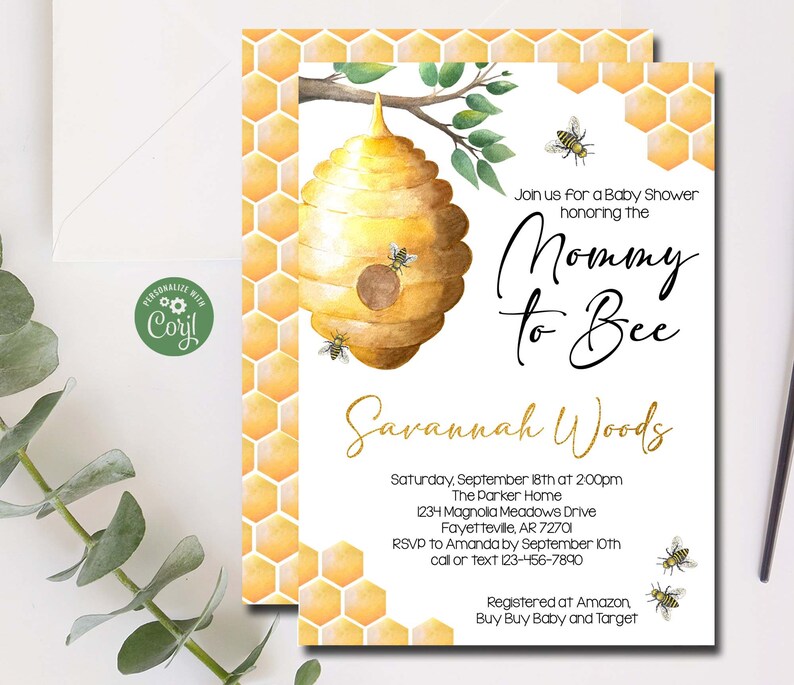 Editable Mommy to Bee Baby Shower Invitations Honey Bees Bee Baby Shower Invite Honeycomb Gender Neutral Corjl Template 1111