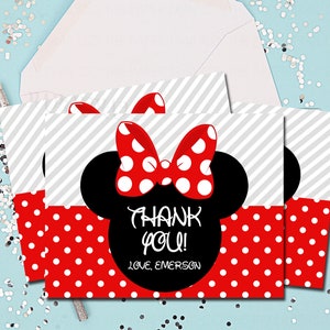 Notas de agradecimento da Minnie Mouse, cartões de agradecimento, notas de agradecimento, Minnie Mouse, vermelho, aniversário, para impressão