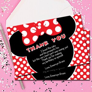 Notas de agradecimiento de Minnie Mouse, Tarjetas de agradecimiento, Notas de agradecimiento, Minnie Mouse, Rojo, Cumpleaños, Imprimible