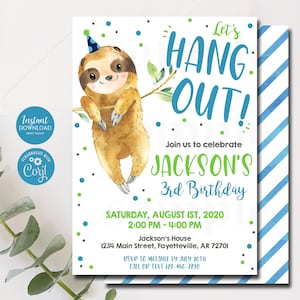 Editable Sloth Birthday Invitation, Sloth Birthday Boy Invitation, Let's Hang Out, Sloths, Blue Green, Boy Birthday Party, Template 1124