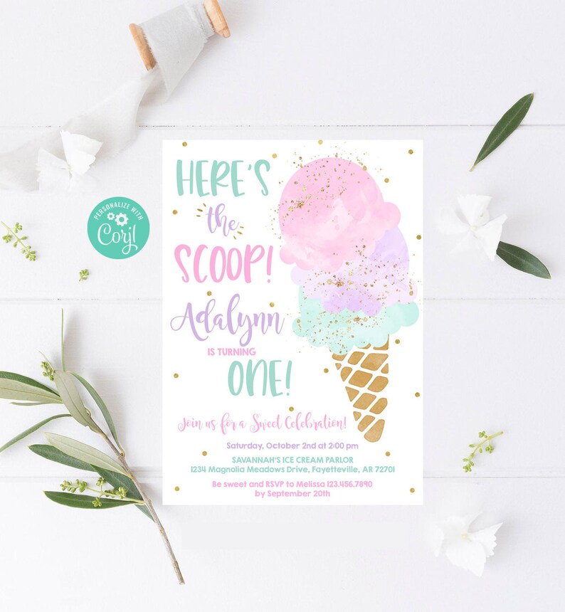 Editable Ice Cream Birthday Invitation Heres the Scoop Ice Cream Party Birthday Invitation Two Sweet 1st Birthday Invite