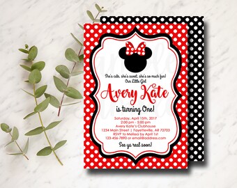 Minnie Mouse Invitation, Minnie Mouse Birthday, Birthday Invitation, Invitation, Birthday, Red and Black, 1st Birthday, Size 5x7 MM13