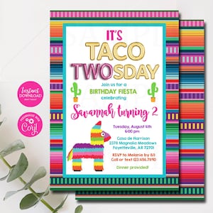 Bearbeitbare Taco Twosday Geburtstagseinladung, Fiesta 2nd Birthday, Tacos, Mädchen Fiesta Geburtstag, Zwei, Geburtstagseinladung Corjl Template 0043