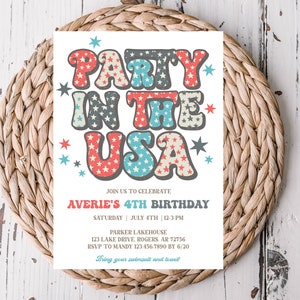 Editable Party in the USA Retro 4th of July Birthday Invitation America Vibes Groovy Boy Girl Birthday Template Size 5x7 - USA1
