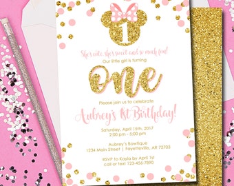 Minnie Mouse Invitation, Minnie Mouse Birthday, Birthday Invitation, Invitation, Birthday, Pink and Gold, 1st Birthday, Printable 5x7