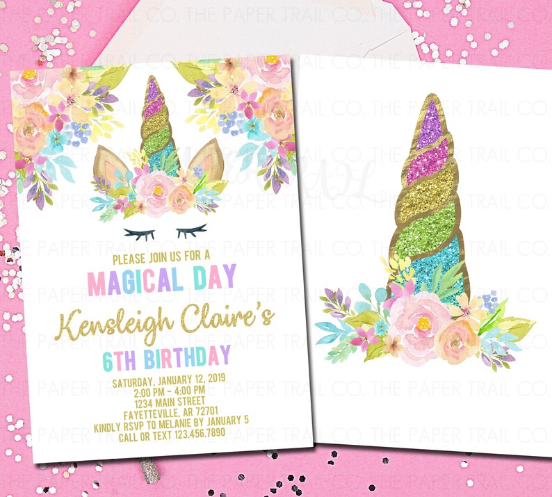 Unicorn Birthday Invitation, Unicorn Invitation, Rainbow, Unicorn Party, Printable Invitation, Gold, Birthday, Invitation, Floral, 5x7 image 1