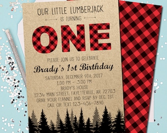 Lumberjack Birthday Invitation, Lumberjack Party, 1st Birthday, Lumberjack 1st Birthday, Buffalo Plaid, First Birthday, Invitation 5x7