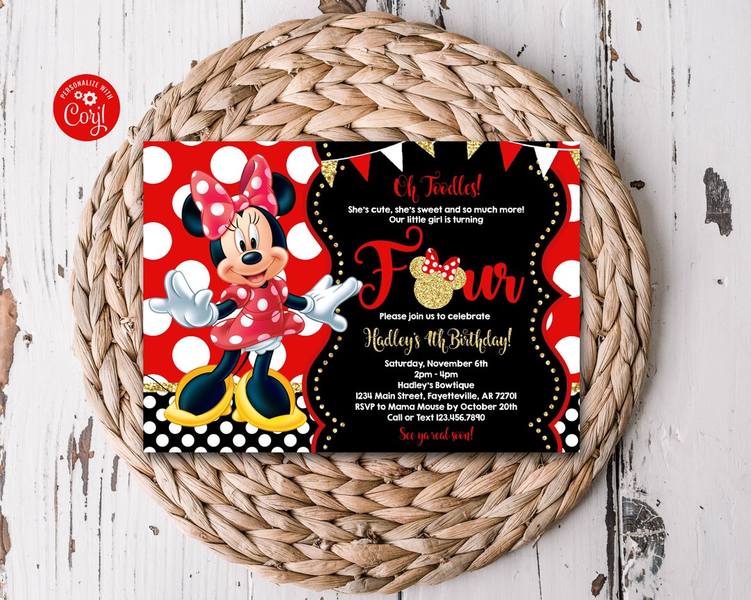 Editable Minnie Mouse 4th Birthday Invitation Red Black Gold 4th