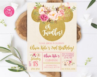 Editable Minnie Mouse Floral Birthday Invitation Oh Twodles 2nd Birthday Boho Floral Minnie Mouse Invite Pink and Gold Invite Template 1028