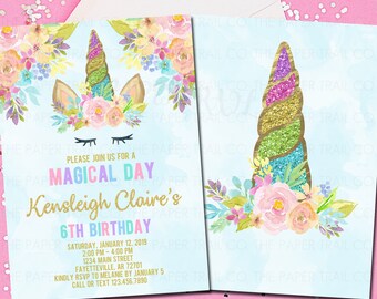 Unicorn Birthday Invitation, Unicorn Invitation, Rainbow, Unicorn Party, Printable Invitation, Gold, Birthday, Invitation, Floral, 5x7